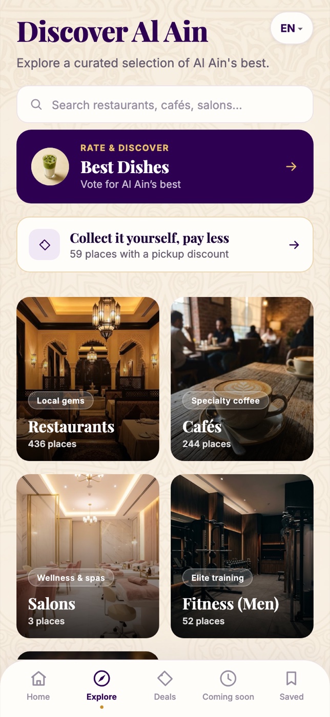 The Explore hub: category tiles for restaurants, cafés, wellness and gyms, with real photography