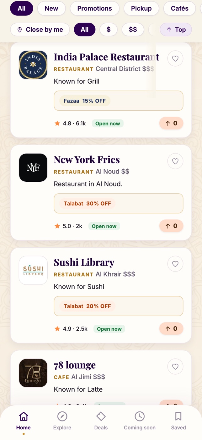 The app's home feed: place cards showing rating, price tier and a “Known for” line